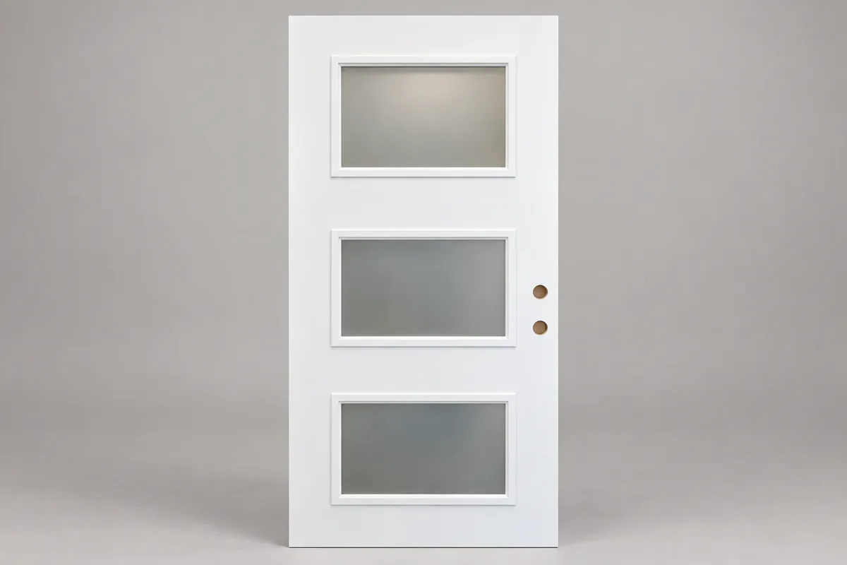 Illustrative recreated white exterior door with three rectangular glass panels