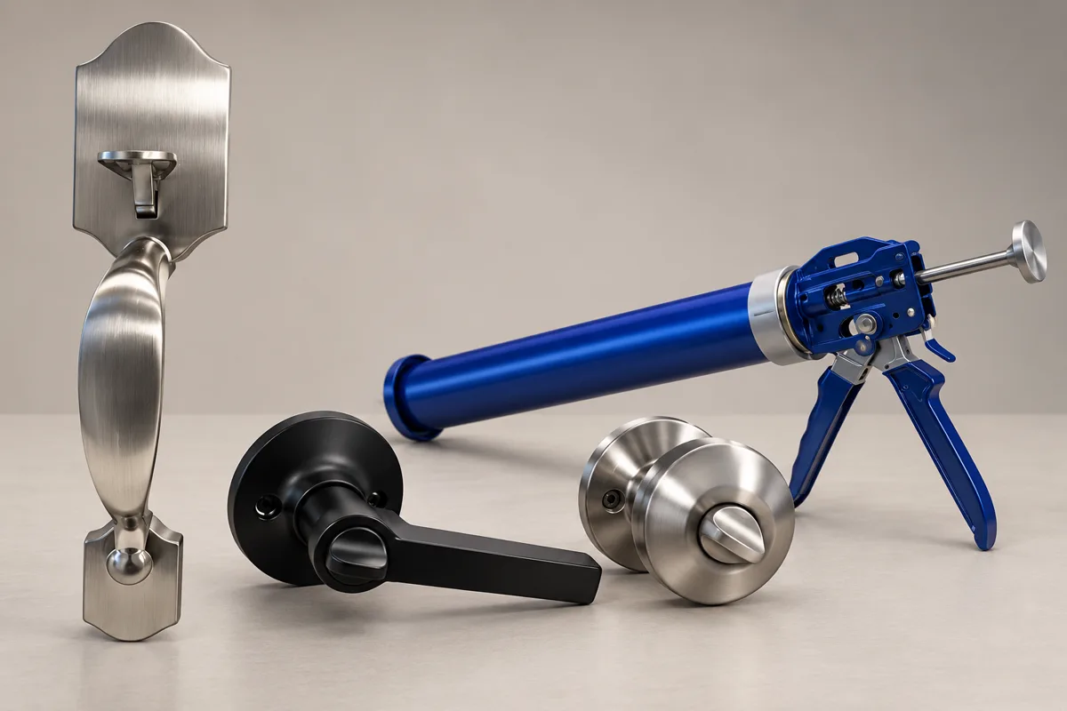 Illustrative recreated door handles, silver knob and blue caulking gun