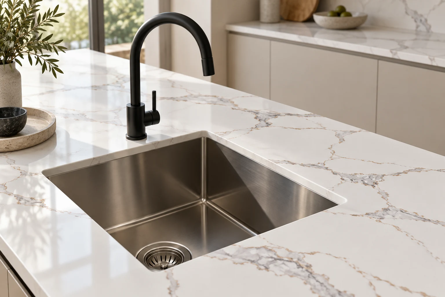 Illustrative recreated white quartz countertop with gray and warm taupe veining